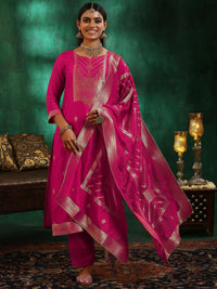 Pink Woven Design Silk Blend Straight Suit with Dupatta