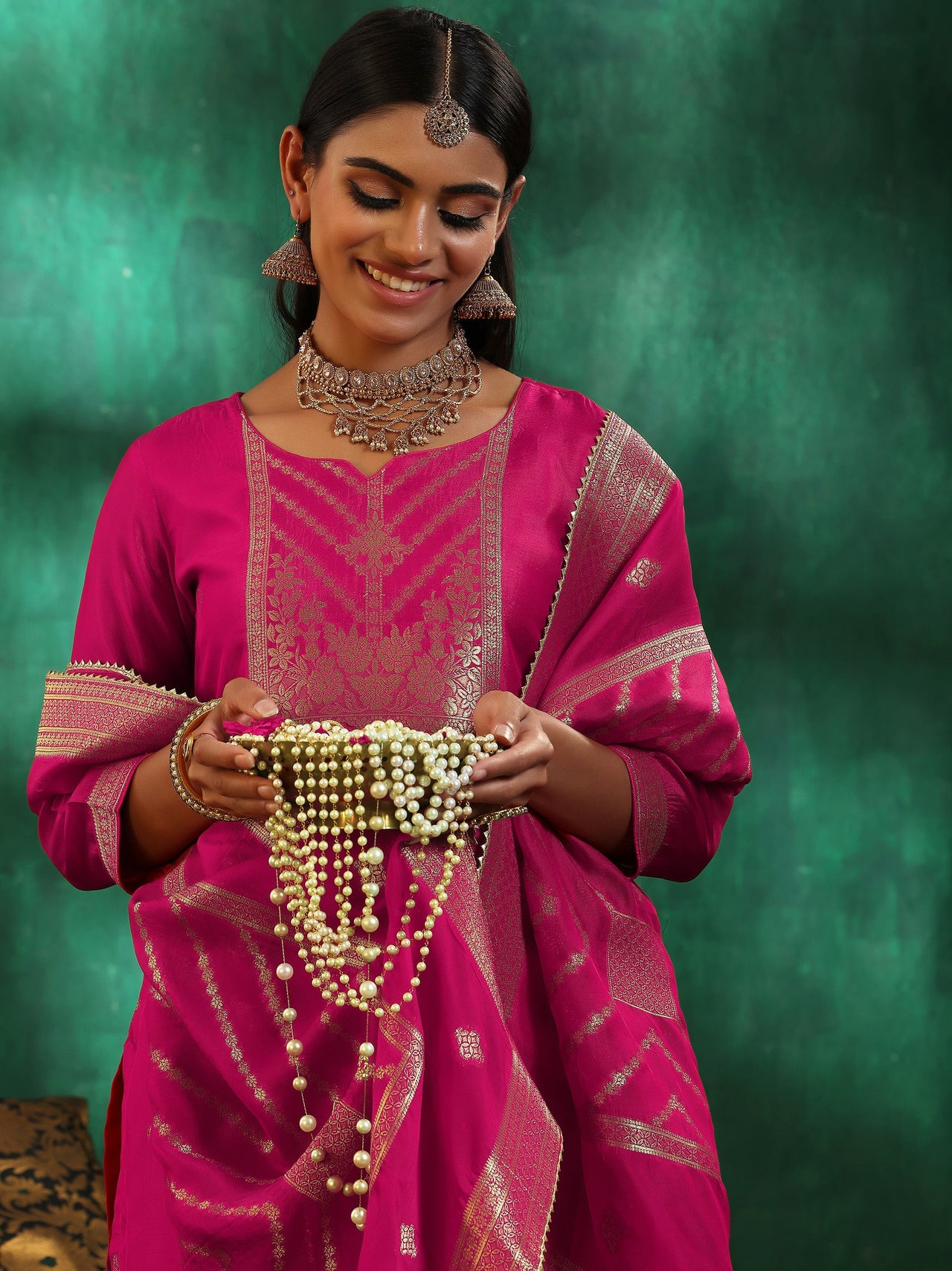 Pink Woven Design Silk Blend Straight Suit with Dupatta