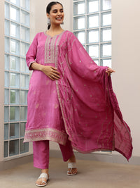 Mauve Woven Design Silk Blend Straight Suit with Dupatta