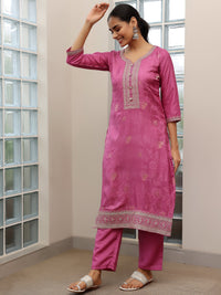 Mauve Woven Design Silk Blend Straight Suit with Dupatta