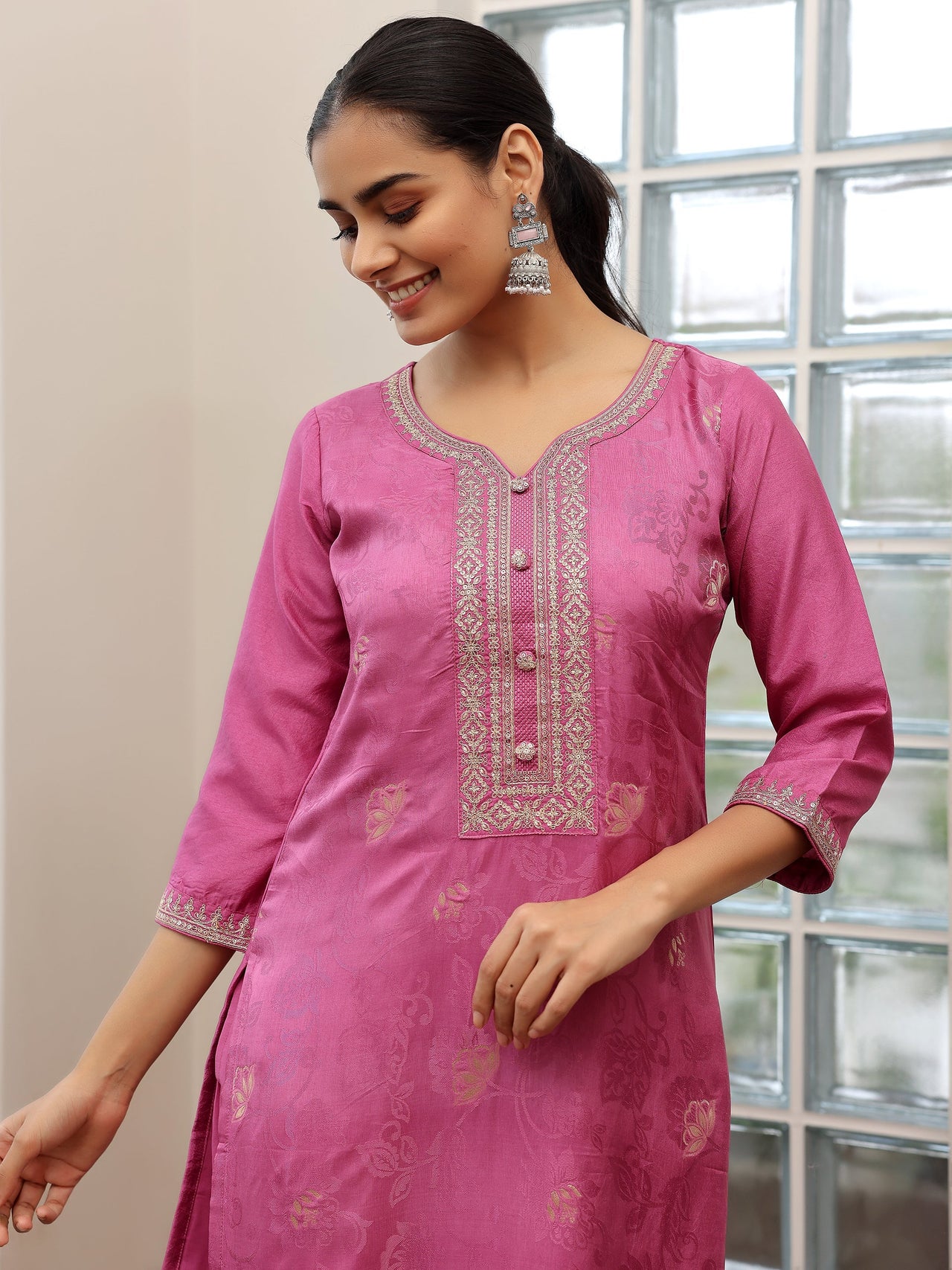 Mauve Woven Design Silk Blend Straight Suit with Dupatta