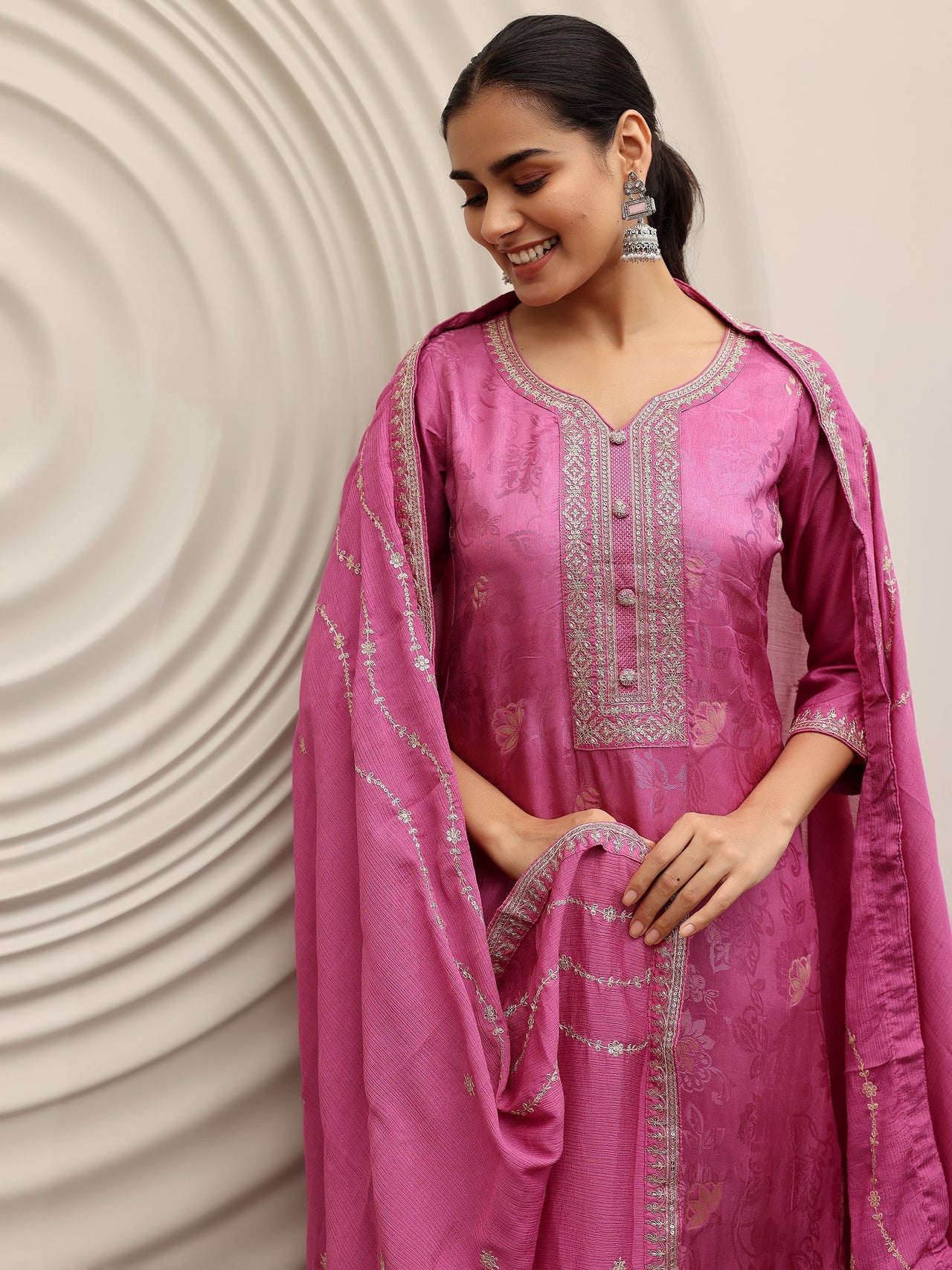 Mauve Woven Design Silk Blend Straight Suit with Dupatta