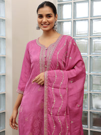 Mauve Woven Design Silk Blend Straight Suit with Dupatta
