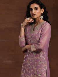 Mauve Woven Design Silk Blend Straight Kurta with Trousers & Dupatta