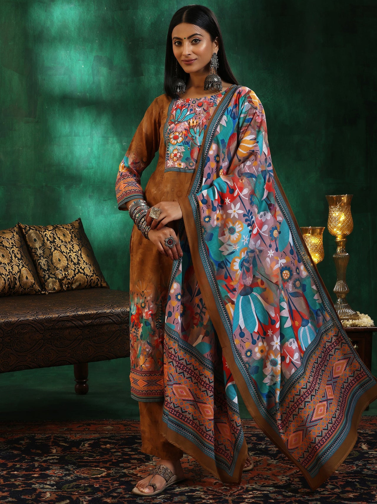 Mustard Printed Linen Straight Suit with Dupatta