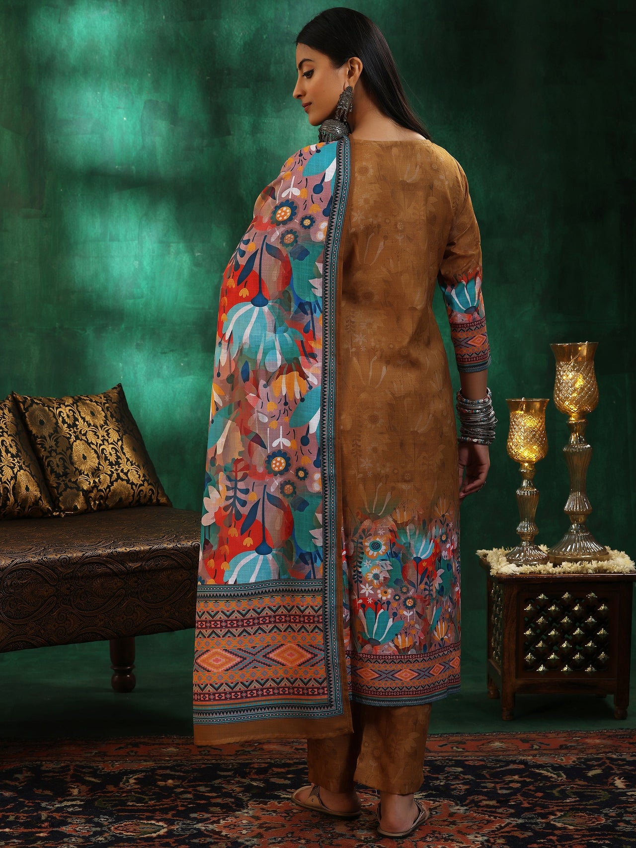 Mustard Printed Linen Straight Suit with Dupatta
