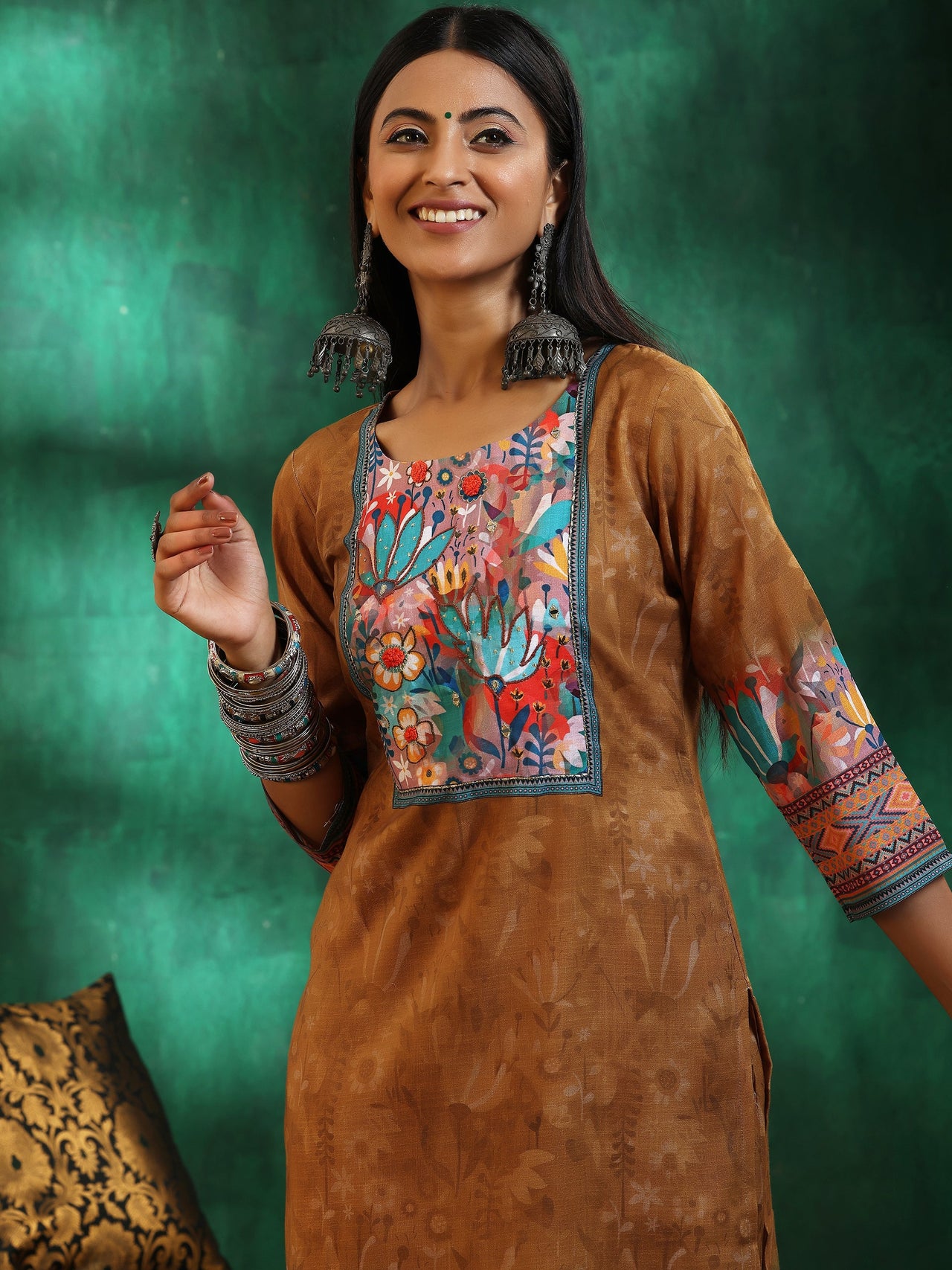 Mustard Printed Linen Straight Suit with Dupatta