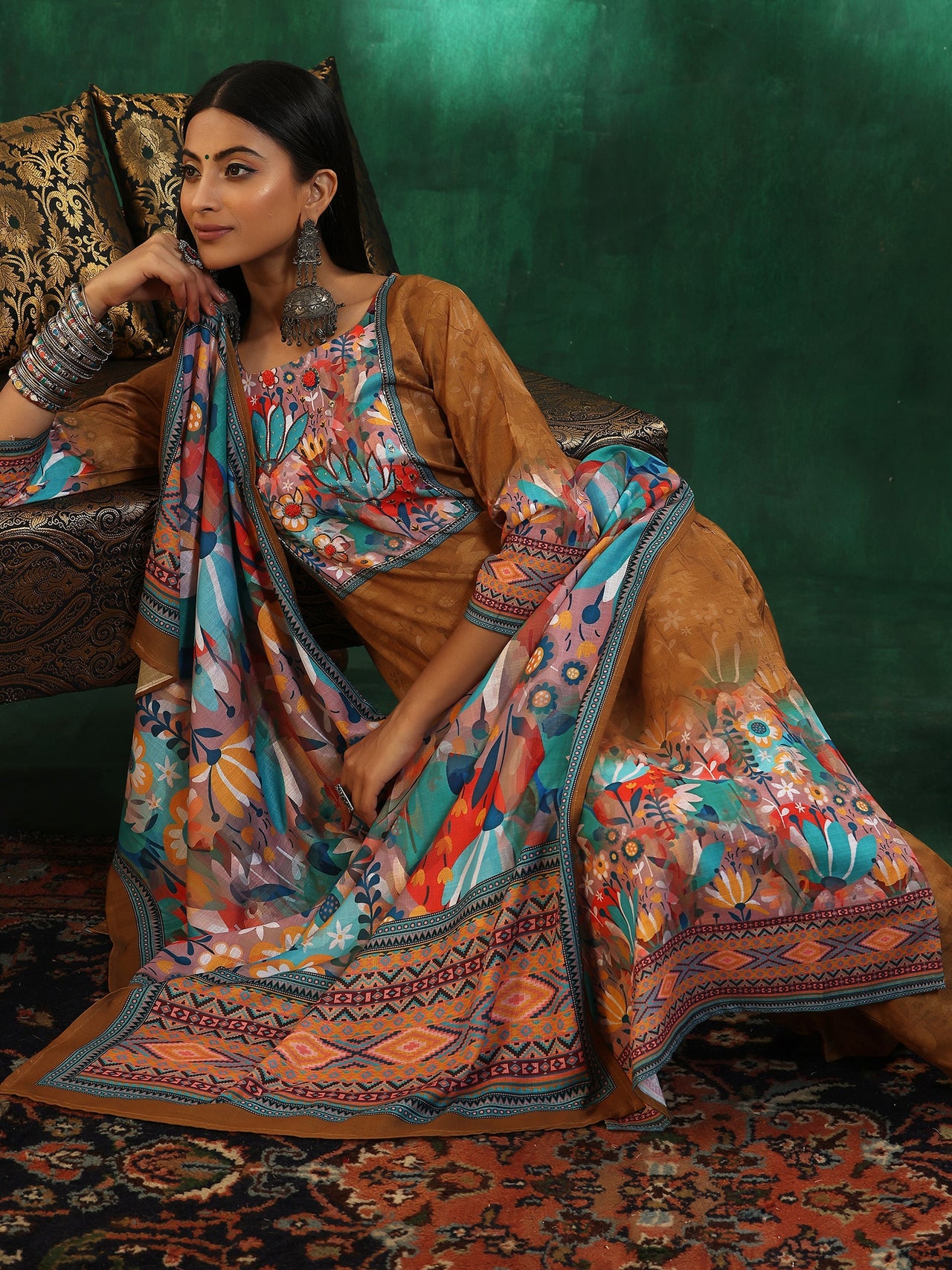 Mustard Printed Linen Straight Suit with Dupatta