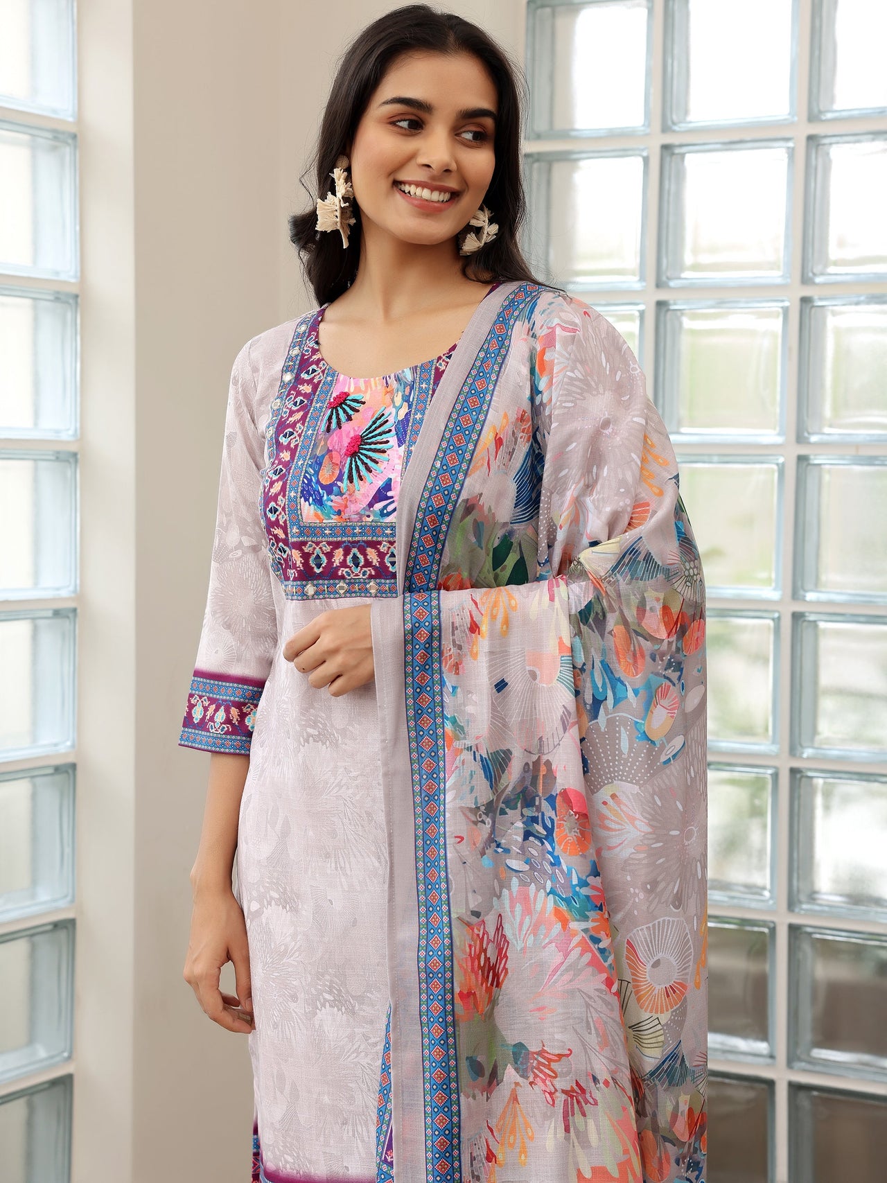 Grey Printed Linen Straight Suit with Dupatta
