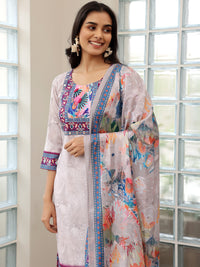 Grey Printed Linen Straight Suit with Dupatta