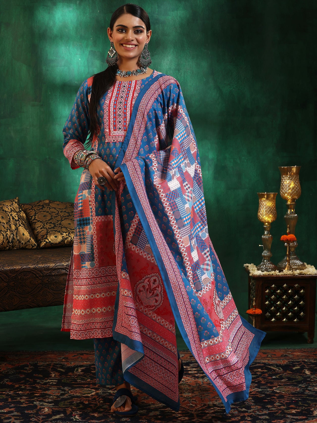 Multicoloured Printed Linen Straight Suit with Dupatta