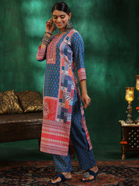 Multicoloured Printed Linen Straight Suit with Dupatta
