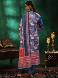 Multicoloured Printed Linen Straight Suit with Dupatta