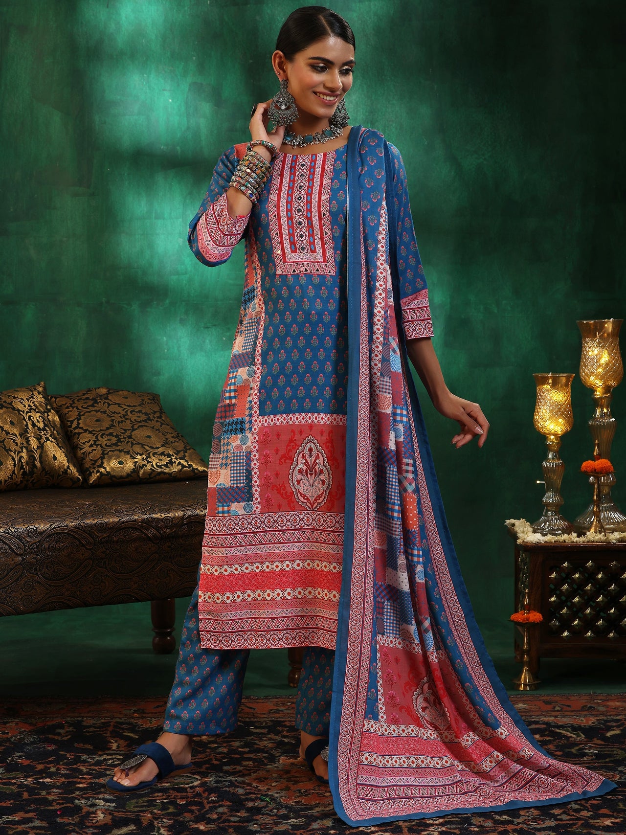 Multicoloured Printed Linen Straight Suit with Dupatta