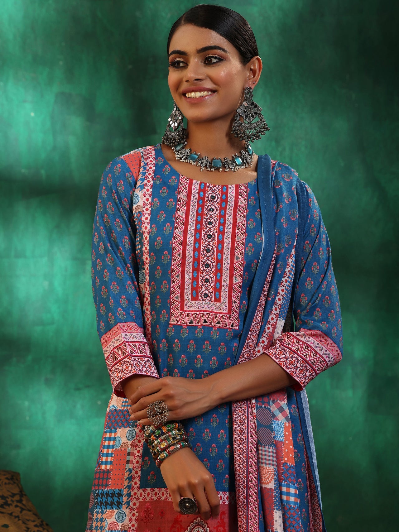 Multicoloured Printed Linen Straight Suit with Dupatta