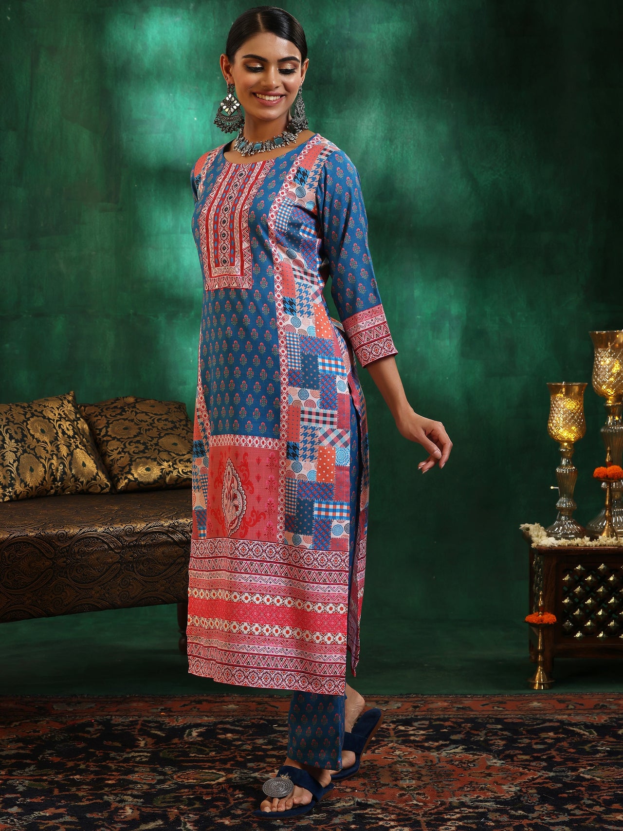 Multicoloured Printed Linen Straight Suit with Dupatta