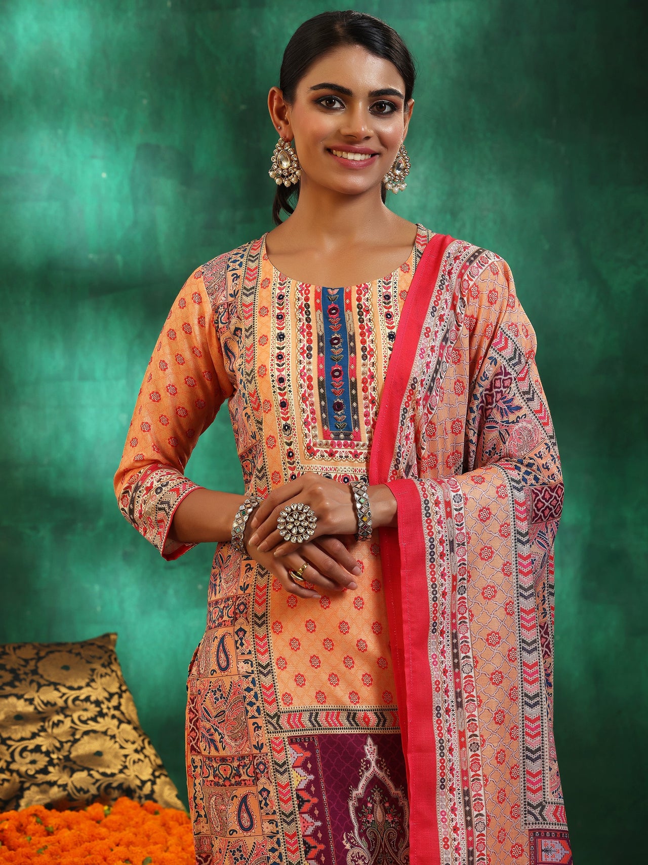 Multicoloured Printed Cotton Blend Straight Suit with Dupatta