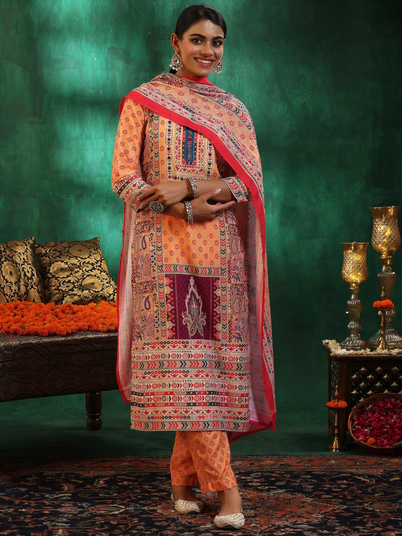 Multicoloured Printed Cotton Blend Straight Suit with Dupatta