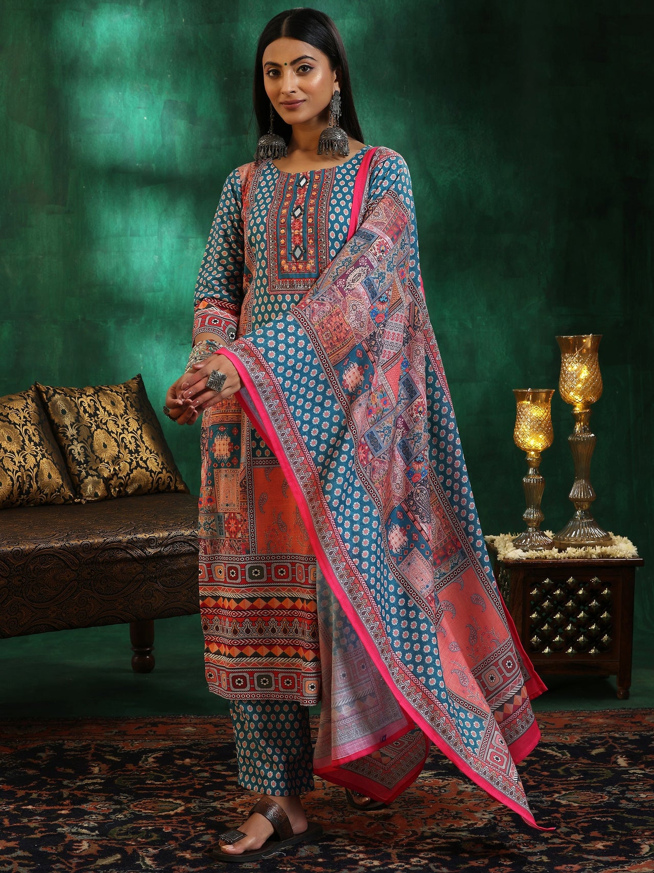 Multicoloured Printed Linen Straight Suit with Dupatta