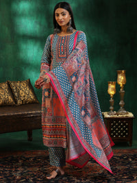 Multicoloured Printed Linen Straight Suit with Dupatta