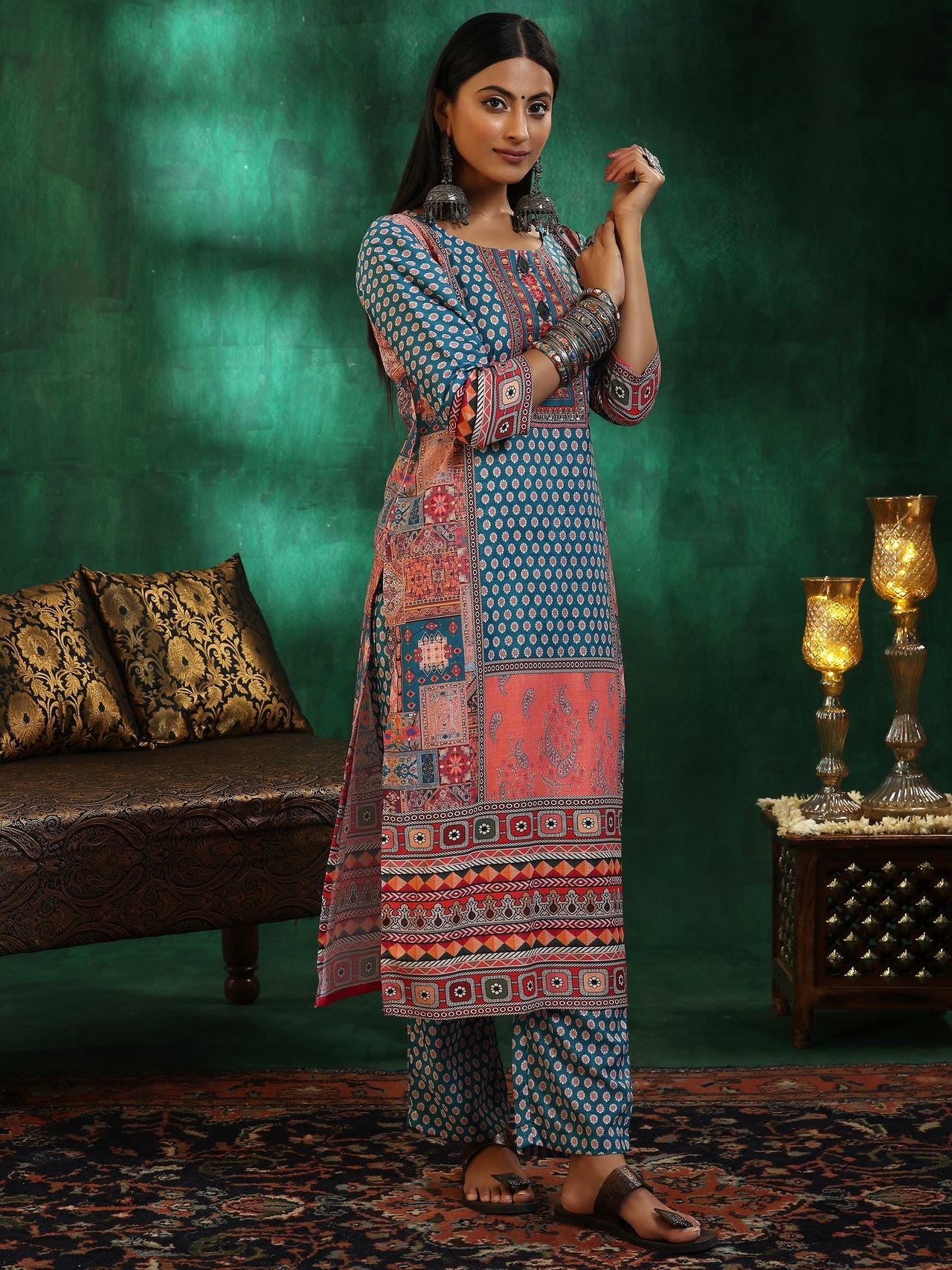 Multicoloured Printed Linen Straight Suit with Dupatta