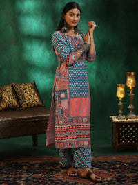 Multicoloured Printed Linen Straight Suit with Dupatta