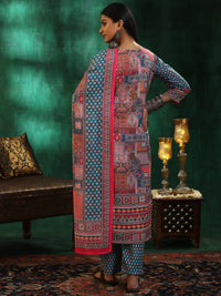 Multicoloured Printed Linen Straight Suit with Dupatta