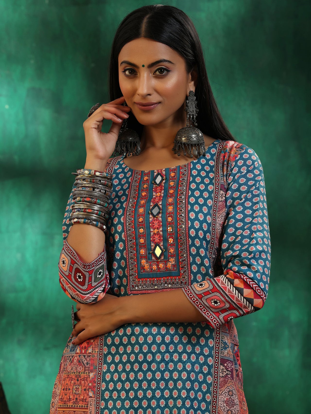 Multicoloured Printed Linen Straight Suit with Dupatta
