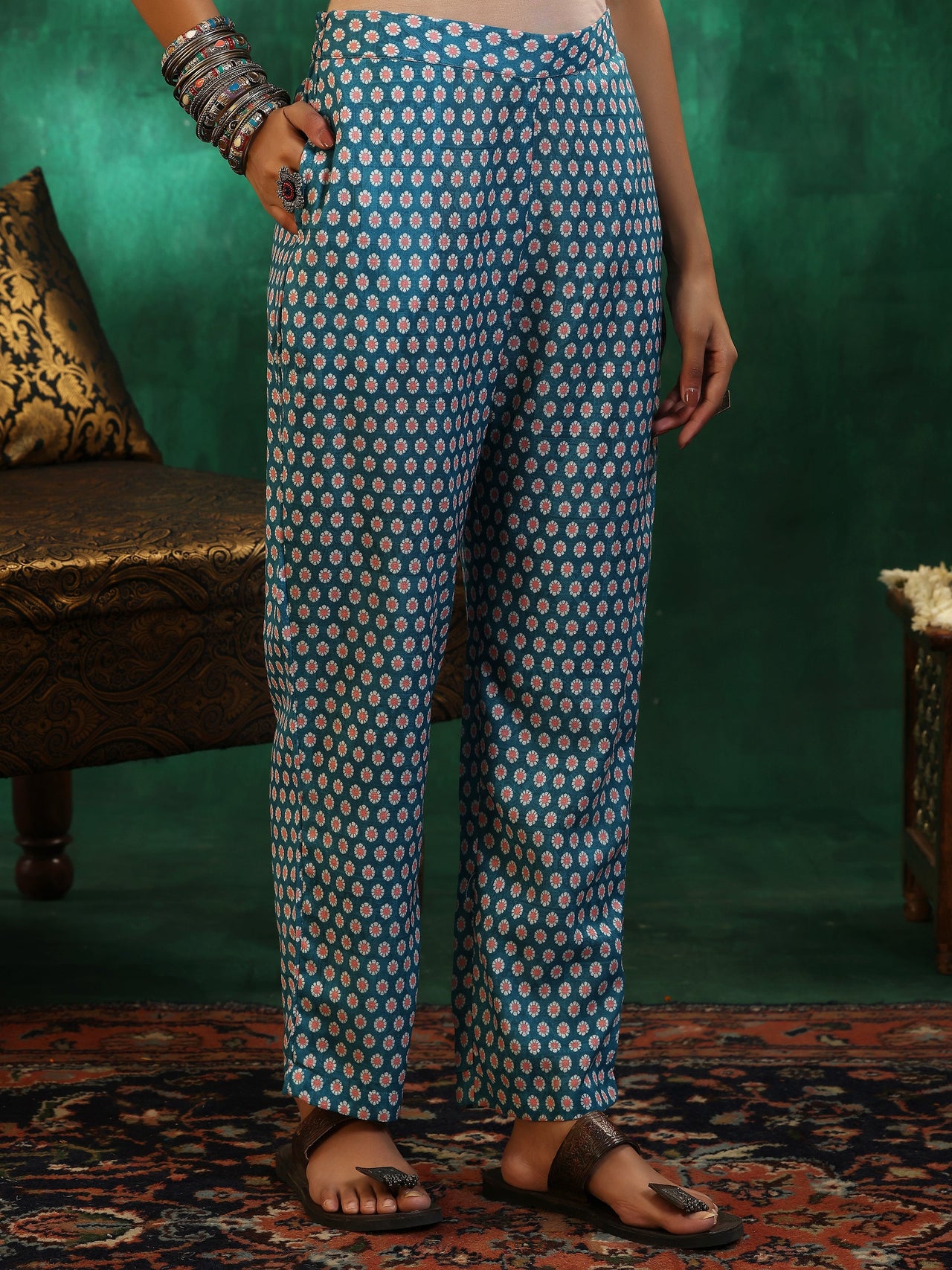 Multicoloured Printed Linen Straight Suit with Dupatta