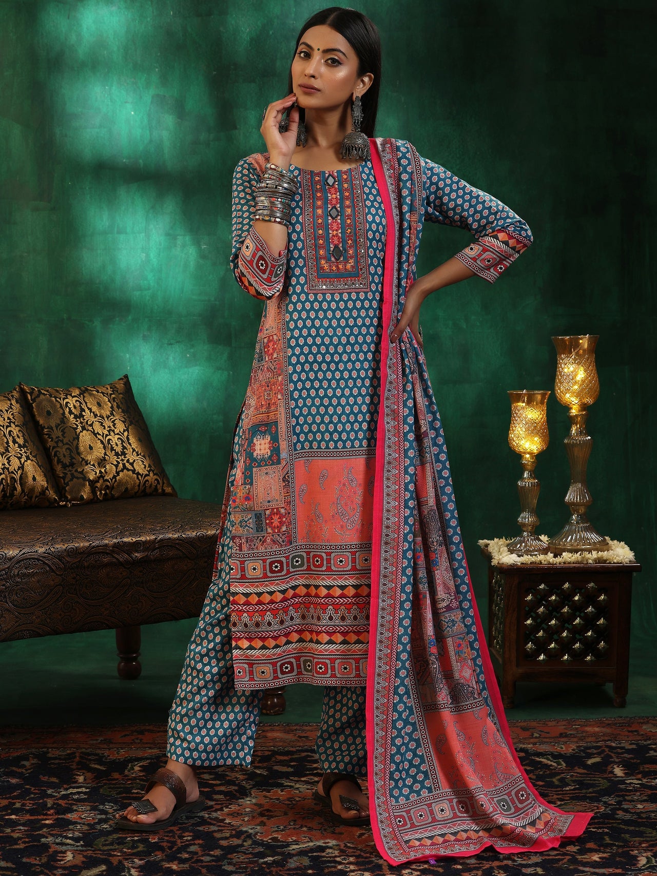 Multicoloured Printed Linen Straight Suit with Dupatta