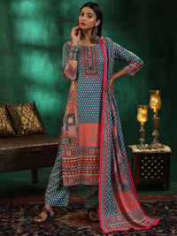 Multicoloured Printed Linen Straight Suit with Dupatta