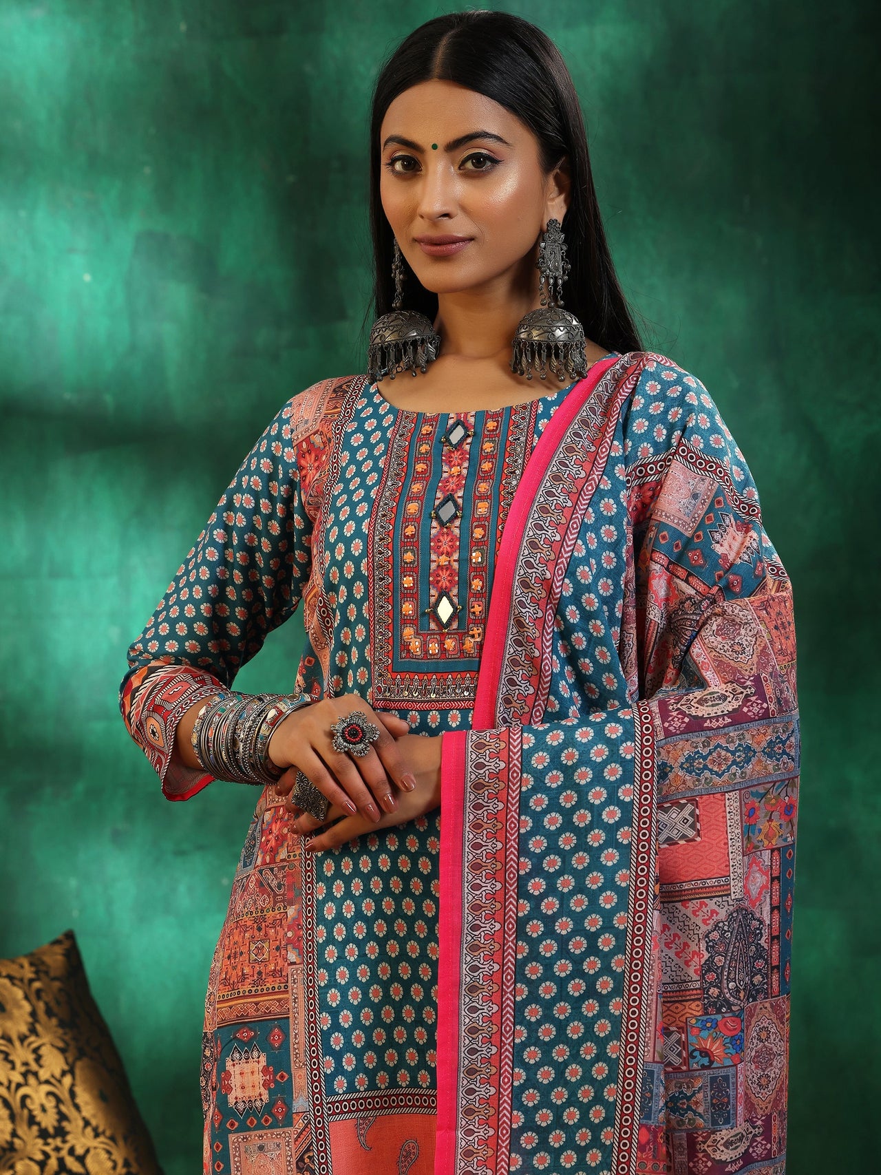 Multicoloured Printed Linen Straight Suit with Dupatta