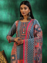 Multicoloured Printed Linen Straight Suit with Dupatta