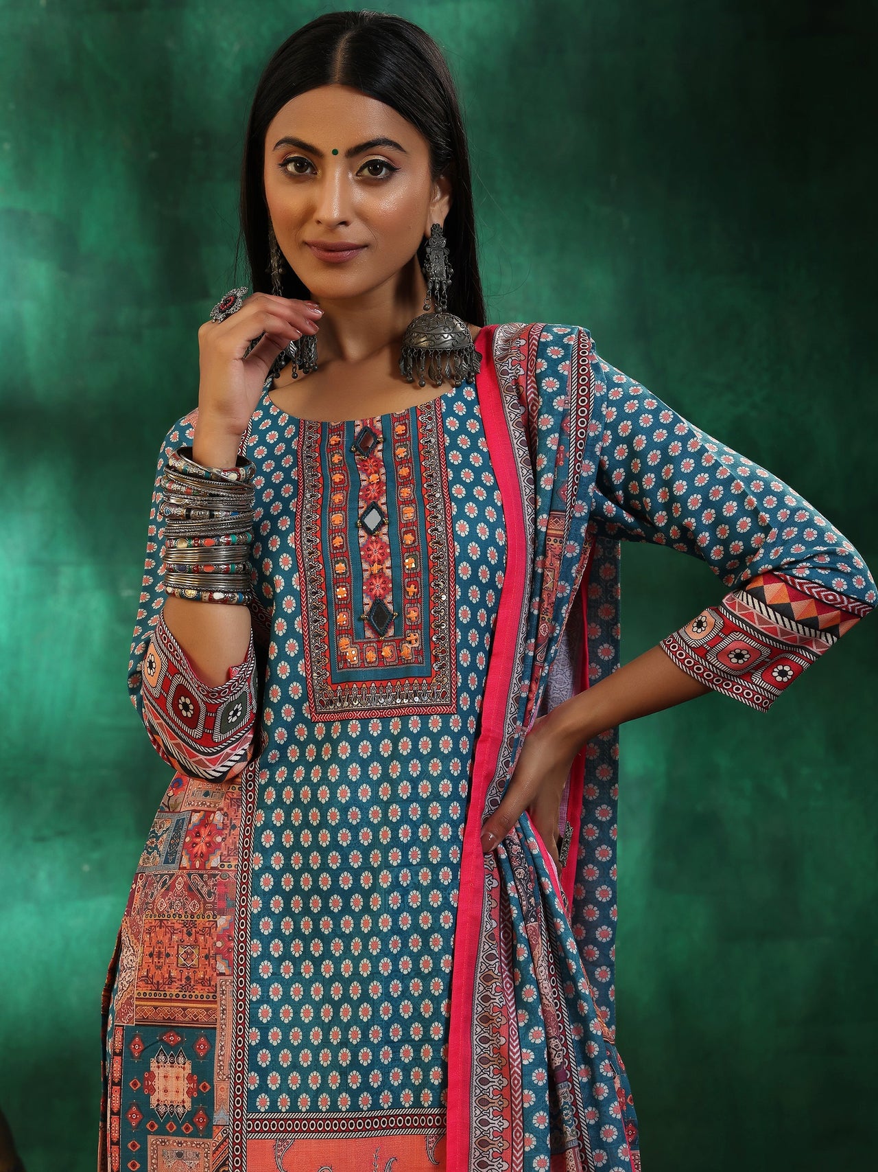 Multicoloured Printed Linen Straight Suit with Dupatta