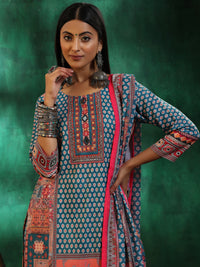 Multicoloured Printed Linen Straight Suit with Dupatta