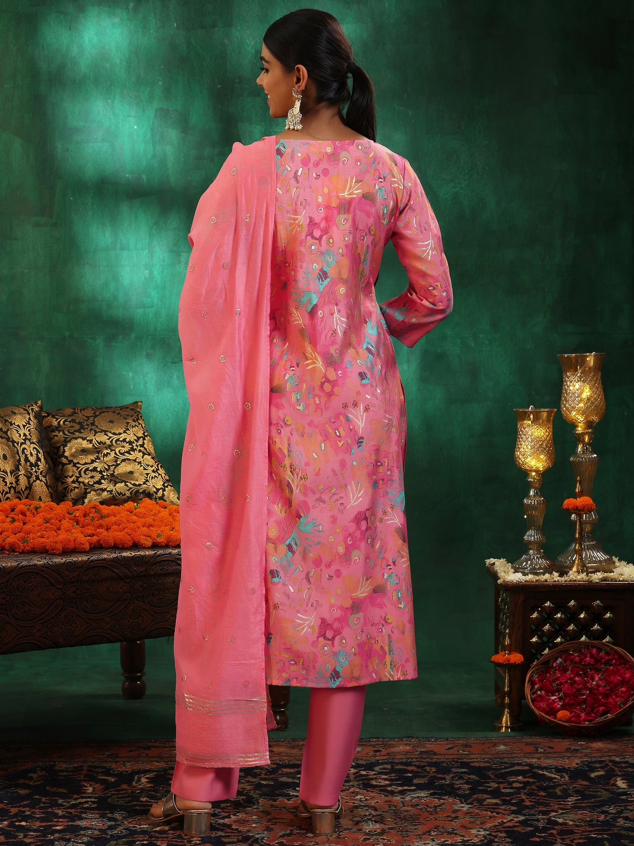 Pink Printed Silk Blend Straight Suit with Dupatta