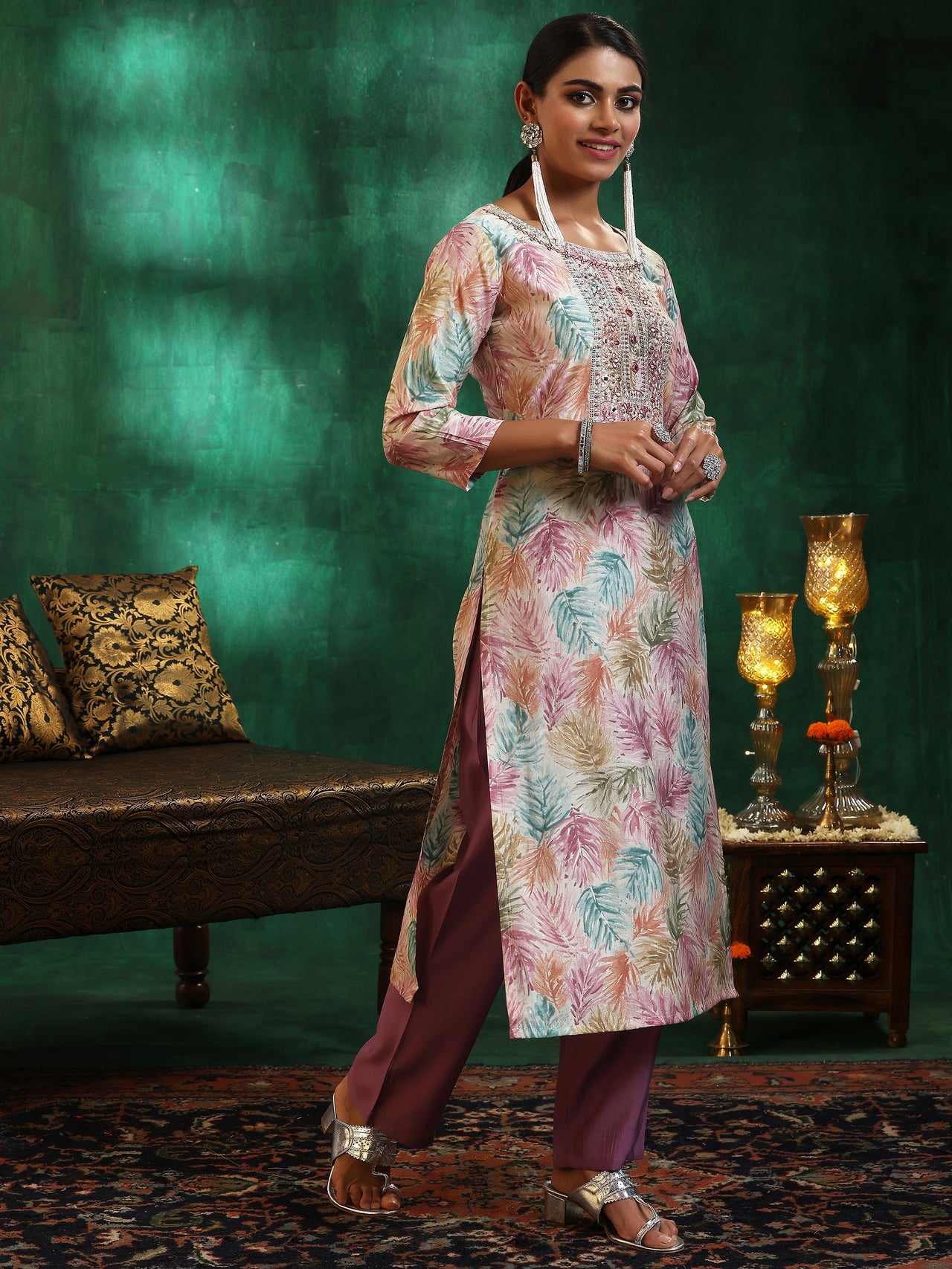 Off White Printed Silk Blend Straight Suit with Dupatta