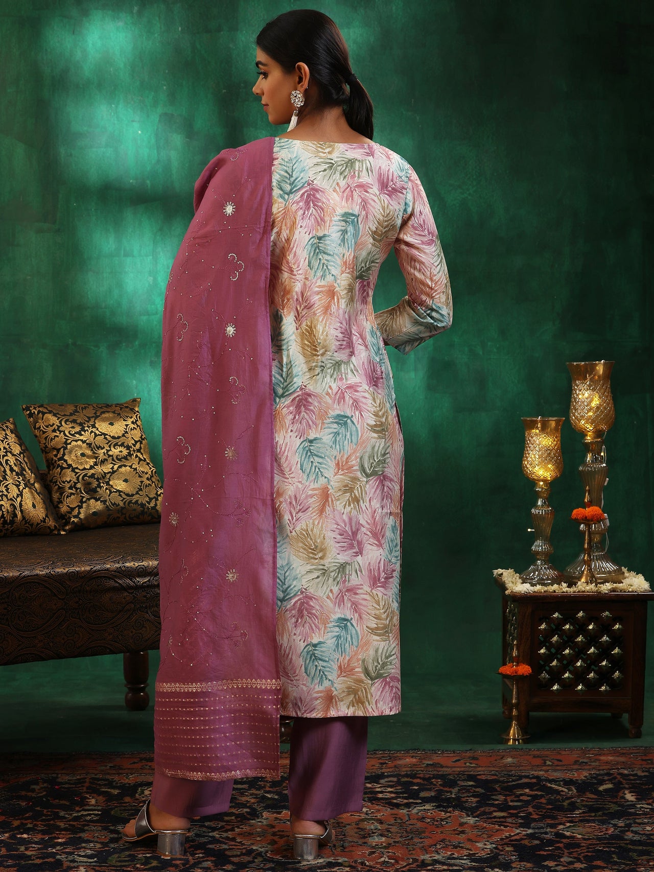 Off White Printed Silk Blend Straight Suit with Dupatta