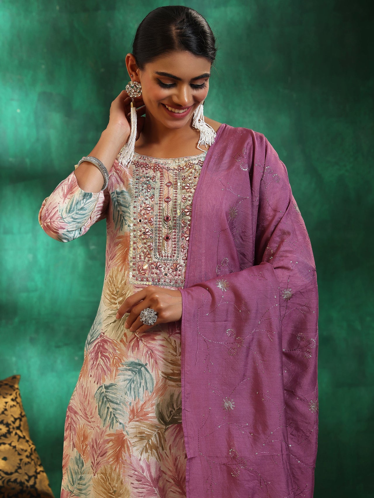 Off White Printed Silk Blend Straight Suit with Dupatta