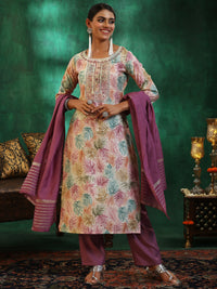 Off White Printed Silk Blend Straight Suit with Dupatta