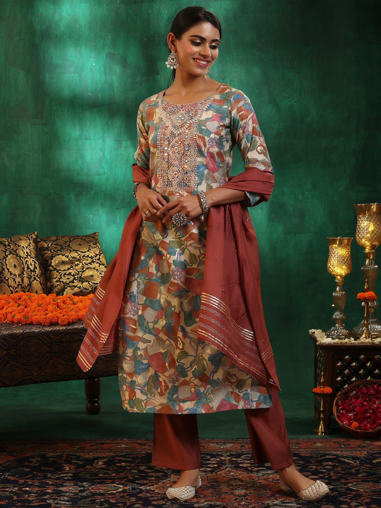 Off White Printed Silk Blend Straight Suit with Dupatta