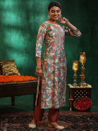 Off White Printed Silk Blend Straight Suit with Dupatta