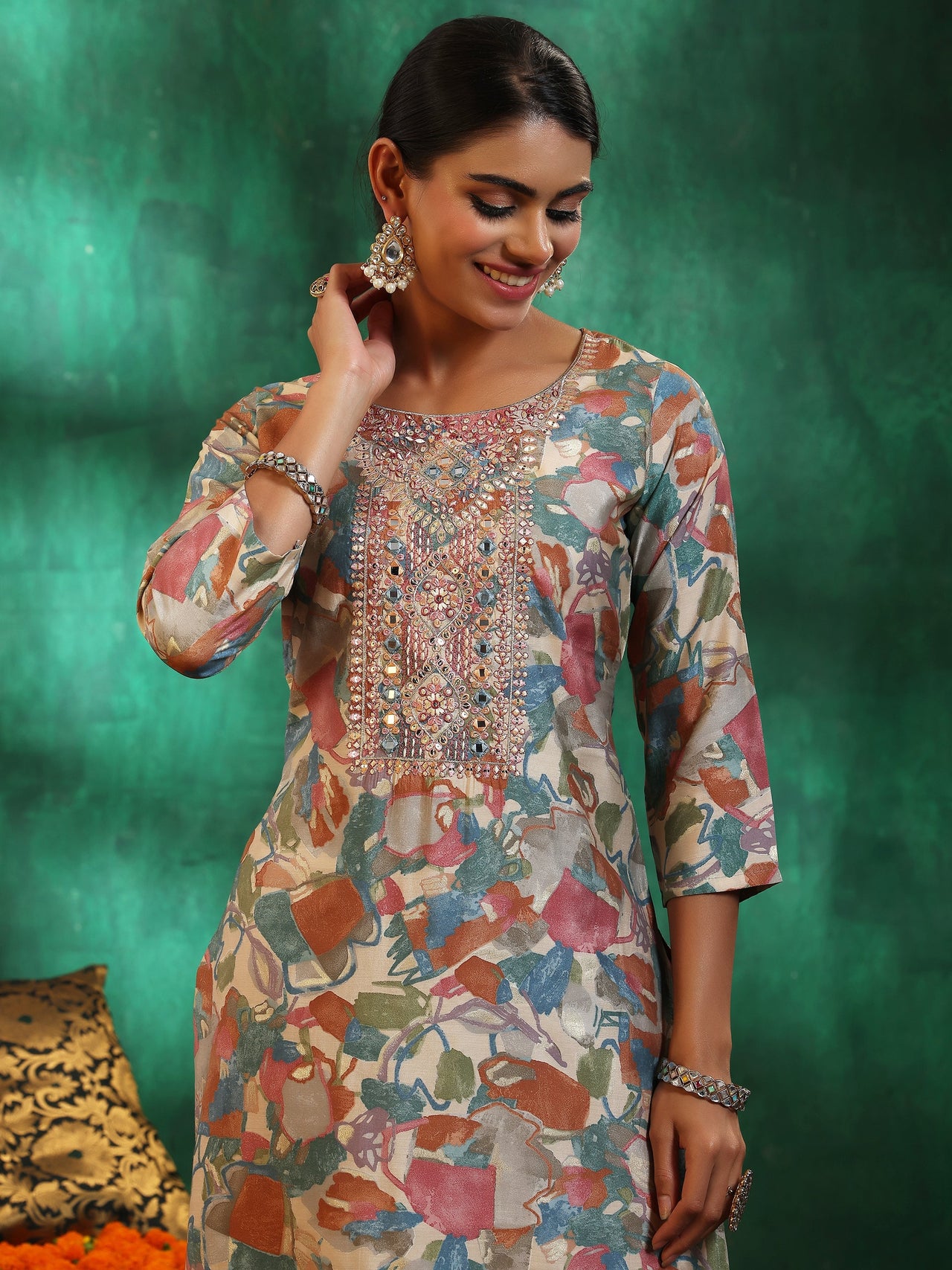 Off White Printed Silk Blend Straight Suit with Dupatta