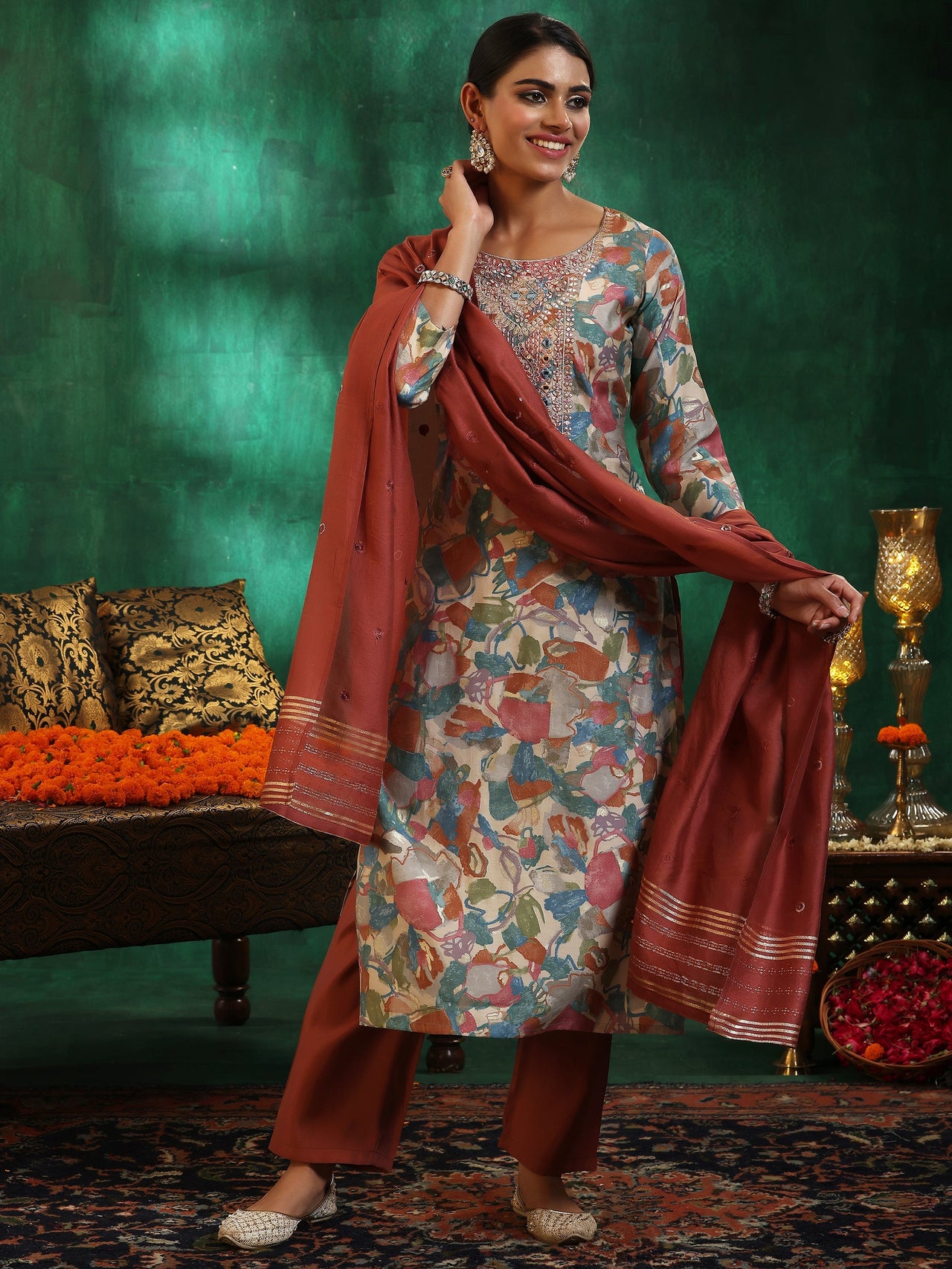 Off White Printed Silk Blend Straight Suit with Dupatta