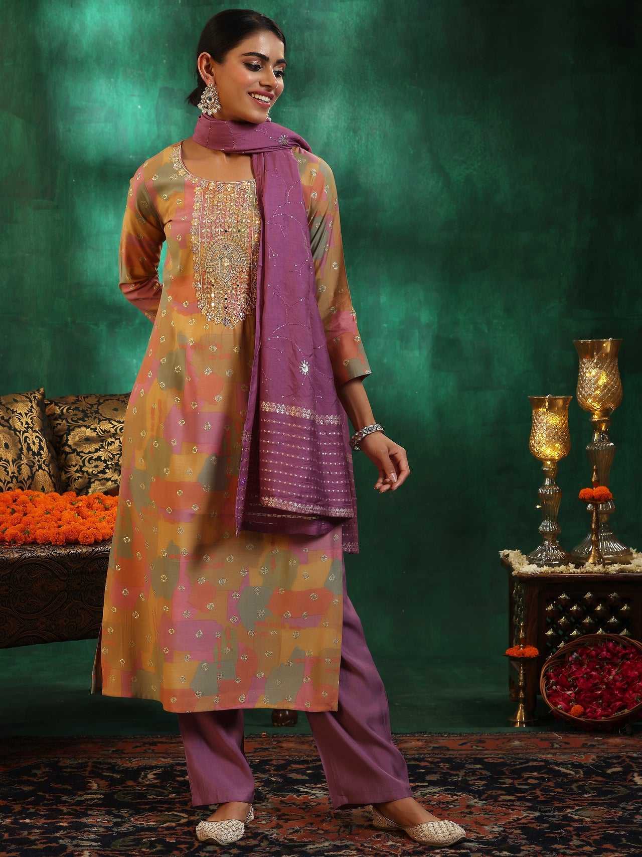 Multicoloured Printed Silk Blend Straight Suit with Dupatta