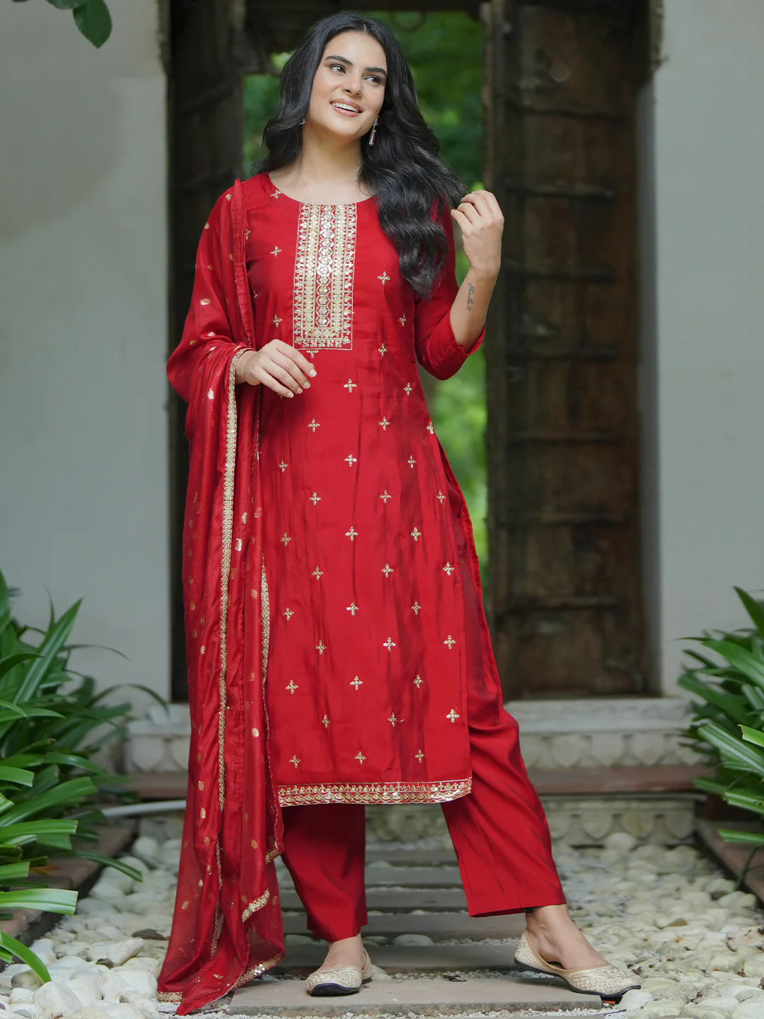 Maroon Self Design Silk Blend Straight Suit with Dupatta