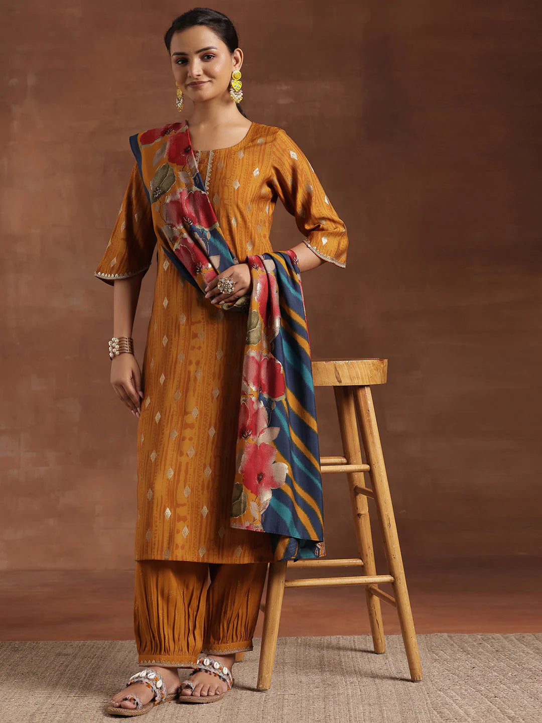 Mustard Woven Design Silk Blend Straight Suit with Dupatta
