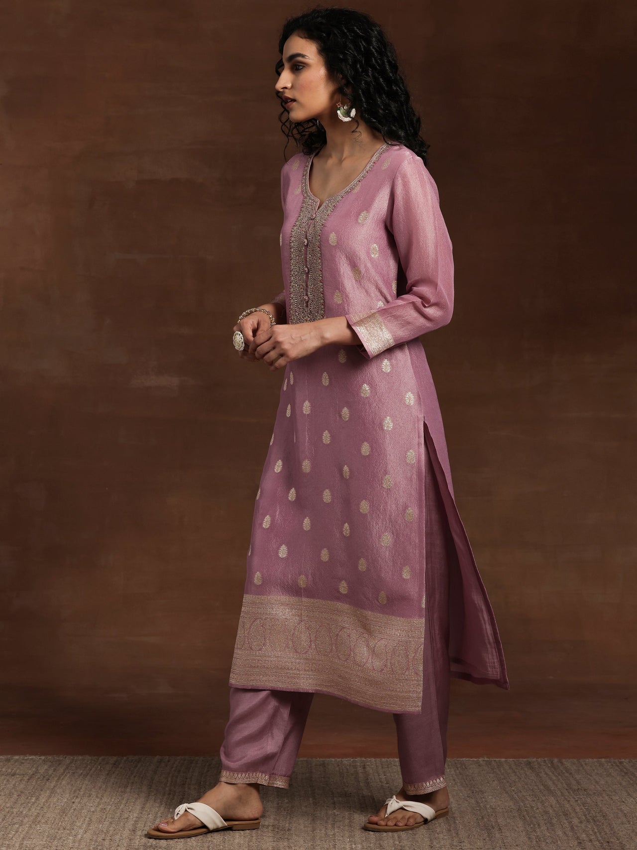 Mauve Woven Design Silk Blend Straight Kurta with Palazzos & Dupatta