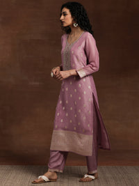Mauve Woven Design Silk Blend Straight Kurta with Palazzos & Dupatta