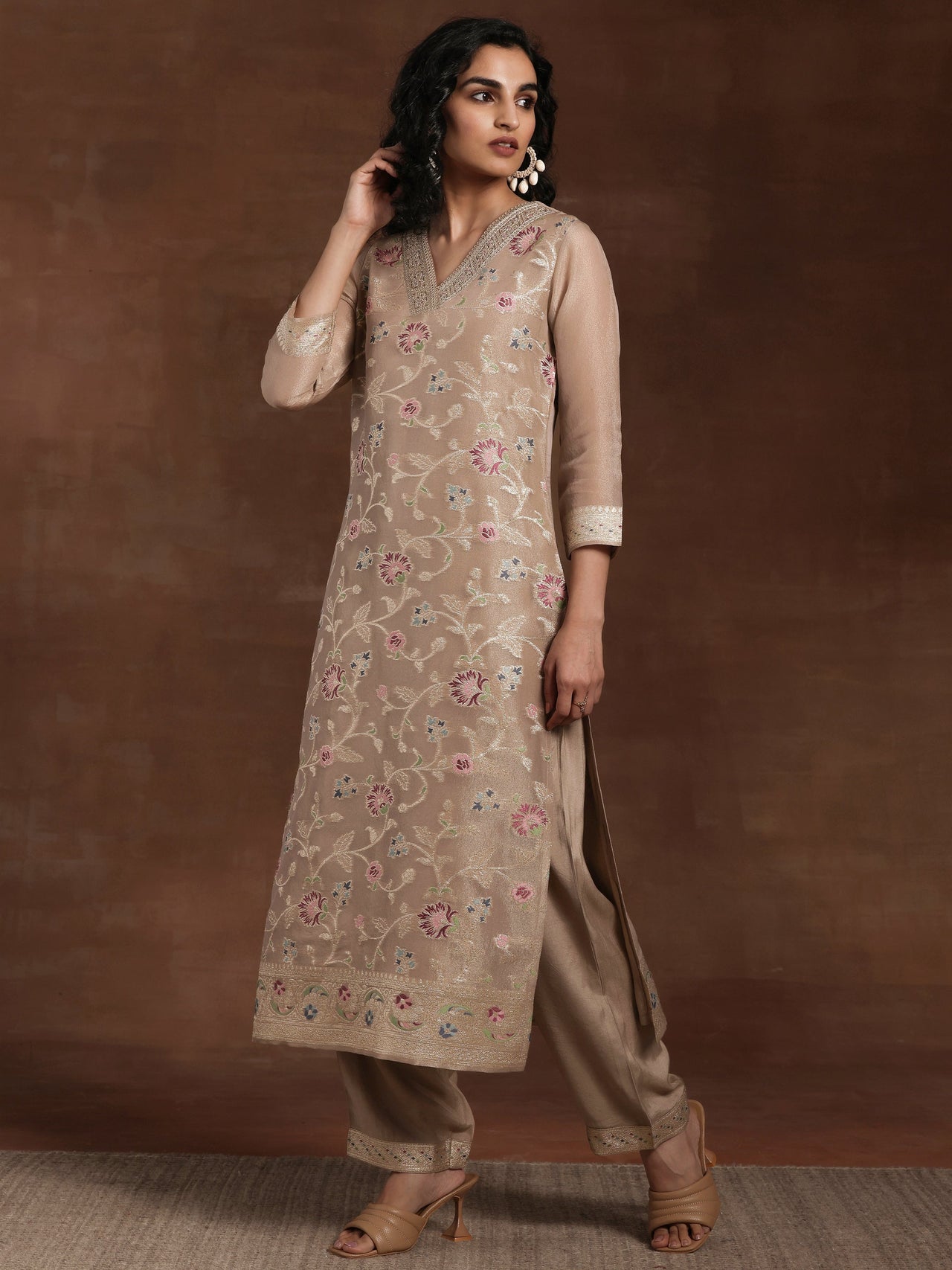 Brown Woven Design Chanderi Silk Straight Suit with Dupatta